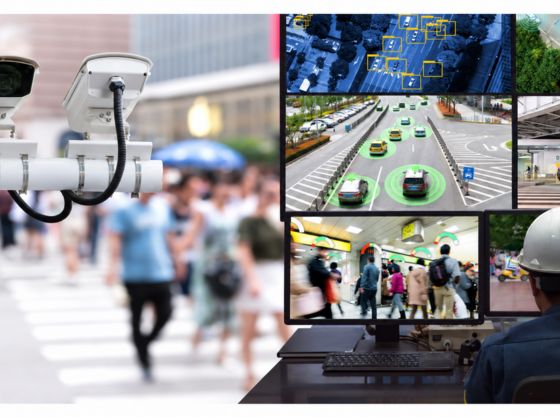 Hybrid video surveillance architecture featuring AI-powered video analytics, CCTV monitoring, facial recognition, and pedestrian traffic analysis for smart city security.