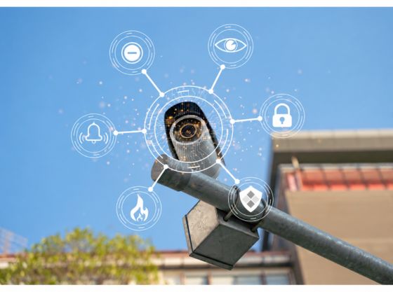 Hybrid video surveillance architecture featuring ceiling-mounted CCTV security cameras for continuous day-and-night monitoring and theft prevention outside an office building.