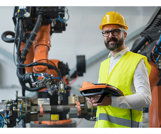 Engineer holding a robot control pendant beside industrial robotic arms in a manufacturing facility