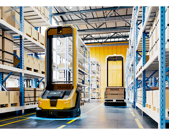 AGVs moving goods through a modern warehouse aisle