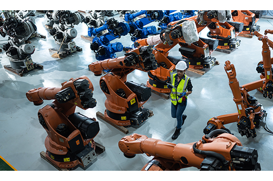 A female engineer installs a program on a robotics arm in a robot warehouse