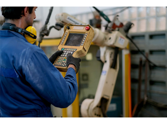 Engineer using an industrial robot controller to operate a robotic arm in a manufacturing facility.